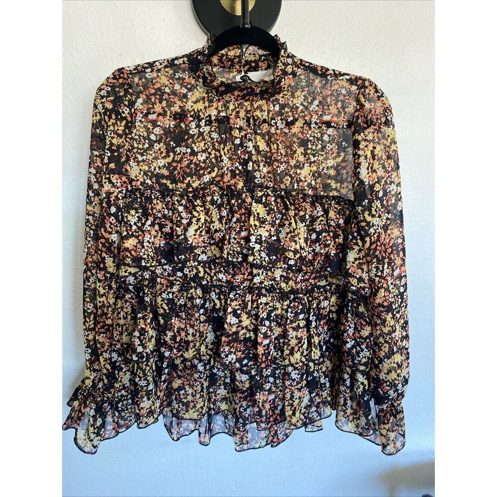 Adyson Parker ADY P Black & Yellow Orange Floral Top w/ Ruffles, Size XSmall